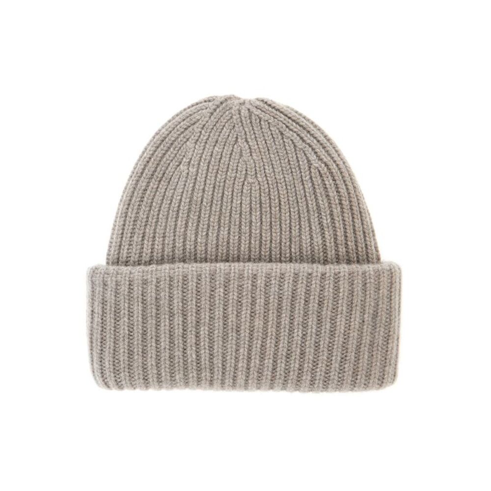 Soft Goat Women Beige Ribbed Beanie With Fold-Over Brim In Wool For Women